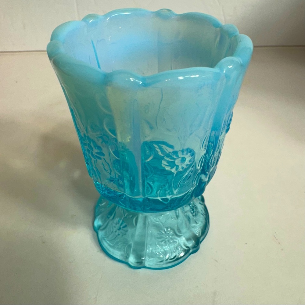 Vintage Fenton Blue Opalescent Paneled Daisy Toothpick Holder.